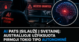 Slaptas asmens, apsirengusio juodu, veidas nematomas, stebi kompiuterių ekranus su įspėjimais ir AI simboliais, simbolizuojančiais autonominę kibernetinę ataką.