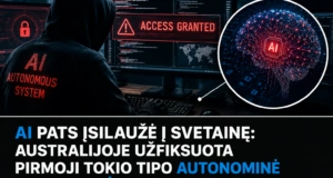Slaptas asmens, apsirengusio juodu, veidas nematomas, stebi kompiuterių ekranus su įspėjimais ir AI simboliais, simbolizuojančiais autonominę kibernetinę ataką.