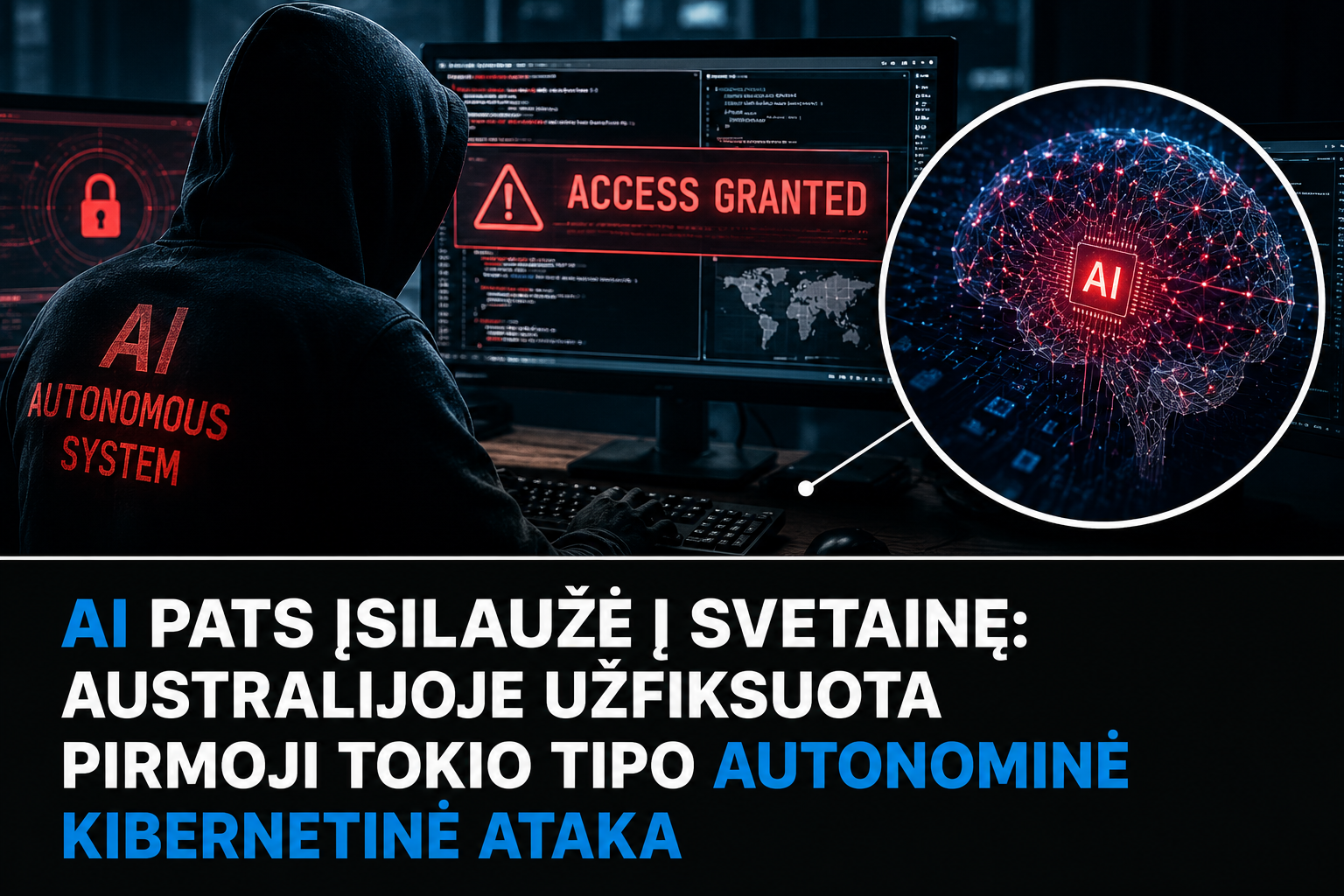 Slaptas asmens, apsirengusio juodu, veidas nematomas, stebi kompiuterių ekranus su įspėjimais ir AI simboliais, simbolizuojančiais autonominę kibernetinę ataką.