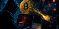 Hakeris su juodu apsiaustu ir kompiuteriu, vykdantis Bitcoin piniginių pavogimą, simbolizuojantis kibernetinę grėsmę ir duomenų pažeidimus.