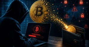 Hakeris su juodu apsiaustu ir kompiuteriu, vykdantis Bitcoin piniginių pavogimą, simbolizuojantis kibernetinę grėsmę ir duomenų pažeidimus.