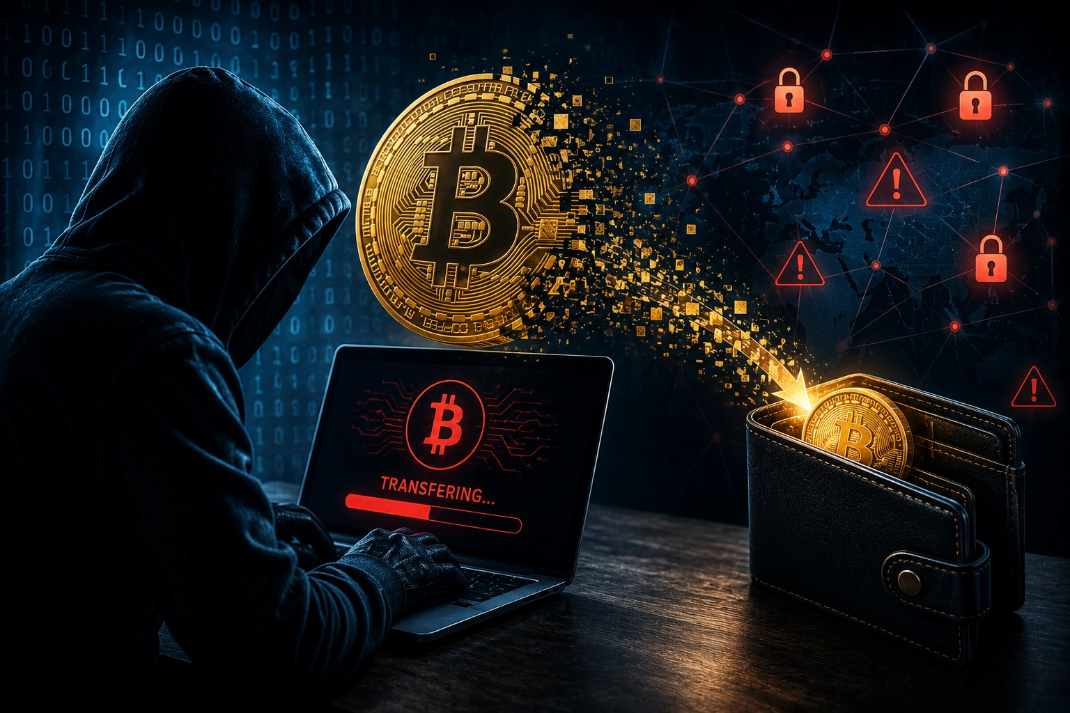 Hakeris su juodu apsiaustu ir kompiuteriu, vykdantis Bitcoin piniginių pavogimą, simbolizuojantis kibernetinę grėsmę ir duomenų pažeidimus.