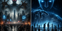 Dvi skirtingos futuristinės skaitmeninės iliustracijos apie dirbtinio intelekto galimybes ir pavojus, su žmonių ir technologijų sąveika.