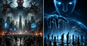 Dvi skirtingos futuristinės skaitmeninės iliustracijos apie dirbtinio intelekto galimybes ir pavojus, su žmonių ir technologijų sąveika.