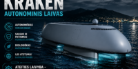 Kraken autonominis laivas plaukia Vilniaus vandenyse, simbolizuojantis naujos kartos JAV technologijas ir tvarų vandens tiekimą.