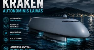 Kraken autonominis laivas plaukia Vilniaus vandenyse, simbolizuojantis naujos kartos JAV technologijas ir tvarų vandens tiekimą.
