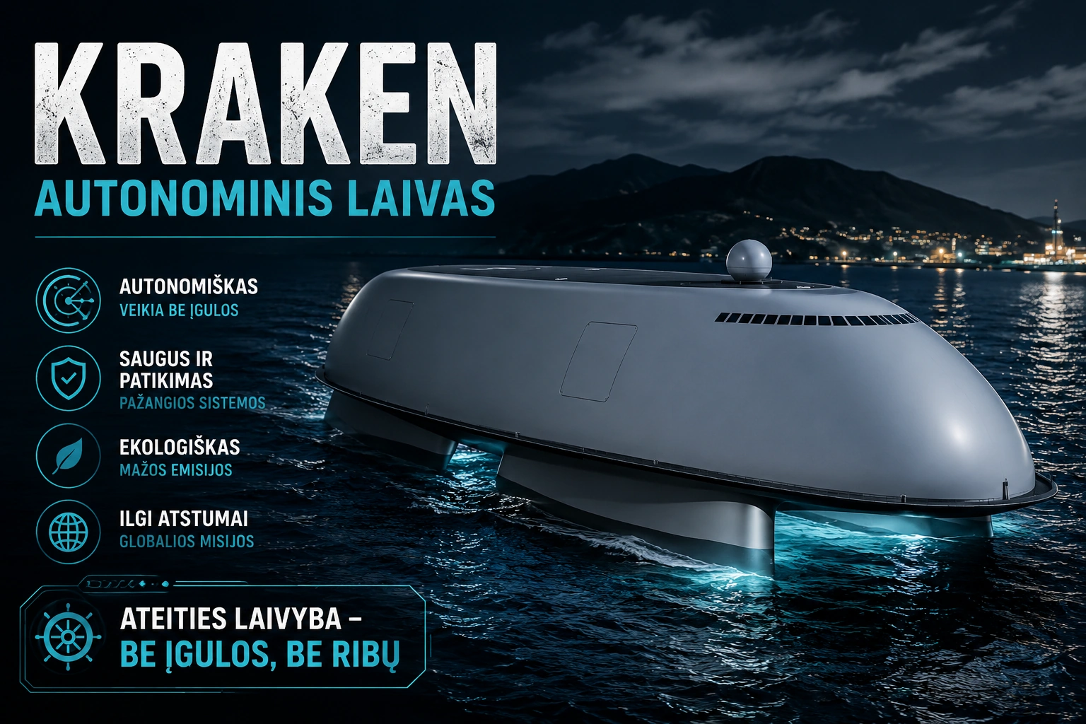 Kraken autonominis laivas plaukia Vilniaus vandenyse, simbolizuojantis naujos kartos JAV technologijas ir tvarų vandens tiekimą.